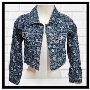 LULU LUV Dark Blue Girls Jean Jacket with Floral Design Sz 7/8